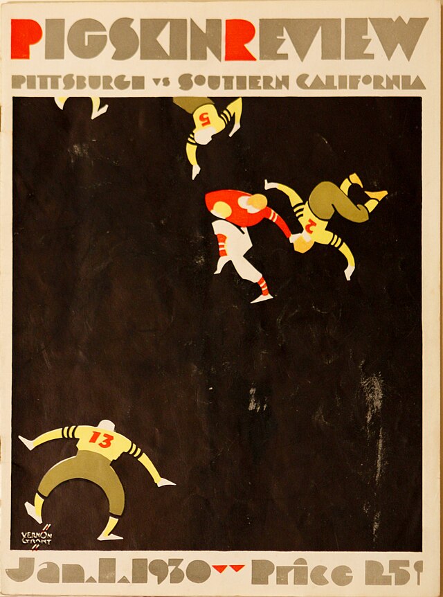 Vintage 1930 Rose Bowl football program cover 'Pigskin Review'. Features a Vernon Grant Art Deco illustration of stylized football players in gold and red jerseys against a black background. Dated January 1, 1930, for the Pittsburgh vs. Southern California matchup for Pigskin Dispatch archives.