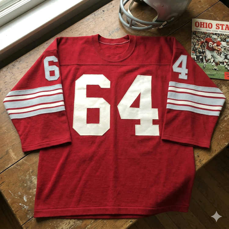 1960s-style Ohio State #64 scarlet jersey display featuring a vintage game program and a silver Buckeyes helmet on a weathered wood surface.