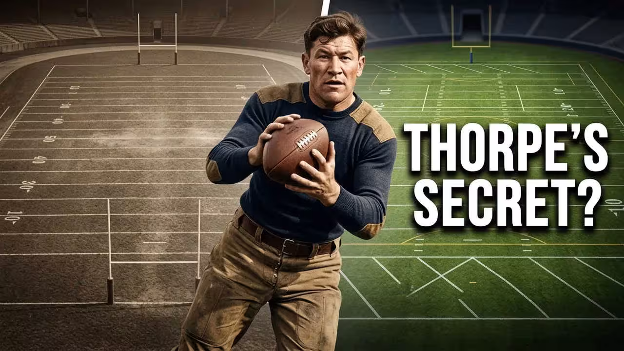 YouTube thumbnail for Pigskin Dispatch titled 'THORPE'S SECRET?'. Features a high-definition reconstruction of Jim Thorpe in a vintage navy football sweater with leather patches, holding a classic leather football. The background is split between a vintage 1920s field and a modern illuminated NFL stadium for historical football research.