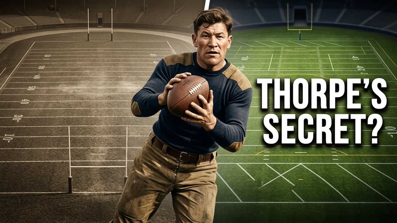 YouTube thumbnail for Pigskin Dispatch titled 'THORPE'S SECRET?'. Features a high-definition reconstruction of Jim Thorpe in a vintage navy football sweater with leather patches, holding a classic leather football. The background is split between a vintage 1920s field and a modern illuminated NFL stadium for historical football research.