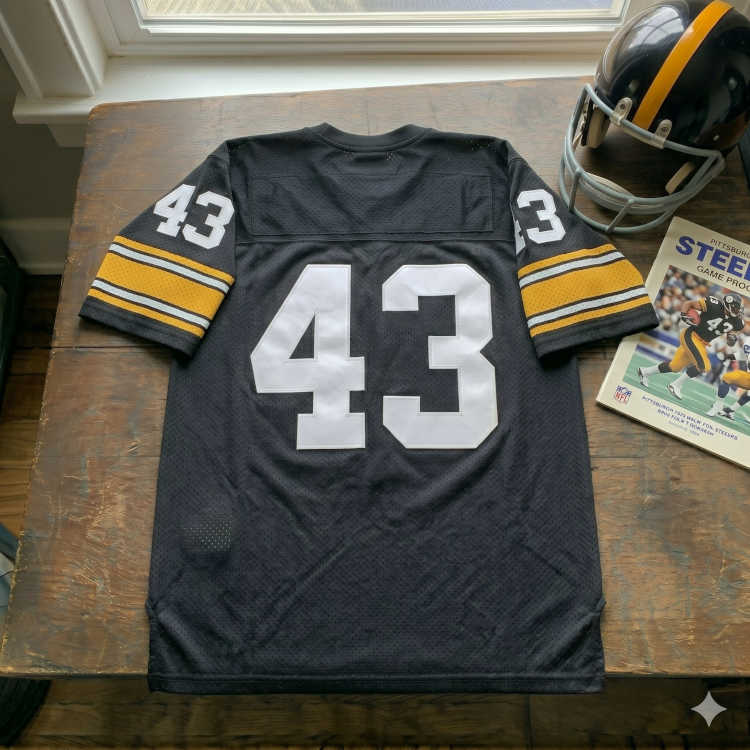 Vintage Pittsburgh Steelers #43 football jersey. Black mesh with solid white block numbers and gold-and-white striped sleeves. Features Steelers game program and black helmet with gold stripe for historical Western Pennsylvania sports research and Pigskin Dispatch archives.