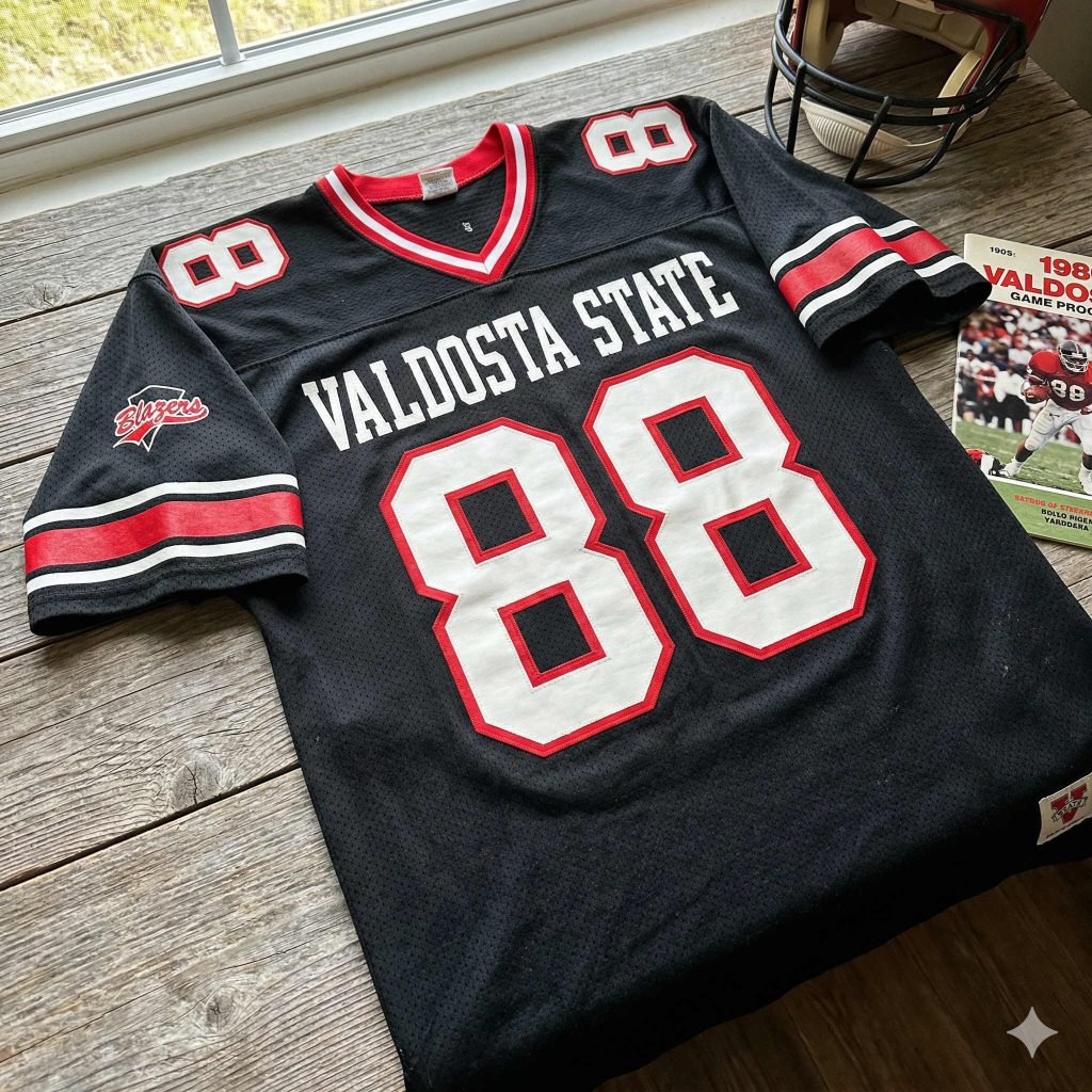 Modern-era black Valdosta State #88 jersey with a 1980s program and team helmet on a rustic wood background.