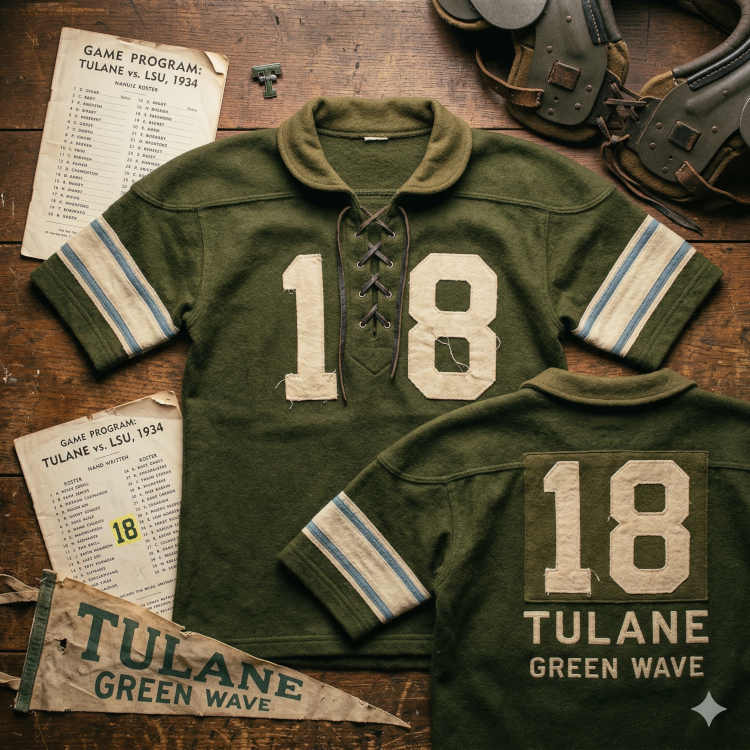 The center of the display features an olive green, heavy-knit wool jersey with a classic lace-up collar and a rounded "peter pan" neckline. The number 18 is rendered in off-white felt on both the front and back, with the back also featuring "TULANE GREEN WAVE" in block lettering. The short sleeves are accented with two light blue and one white stripe. Accompanying the jersey are two 1934 Tulane vs. LSU game programs (one featuring a hand-written roster), a weathered Tulane pennant, and vintage leather shoulder pads with heavy lacing.