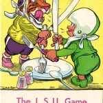 Color cartoonish image of a tiger (LSU) and a football player in green (Tulane) having a sword fight.