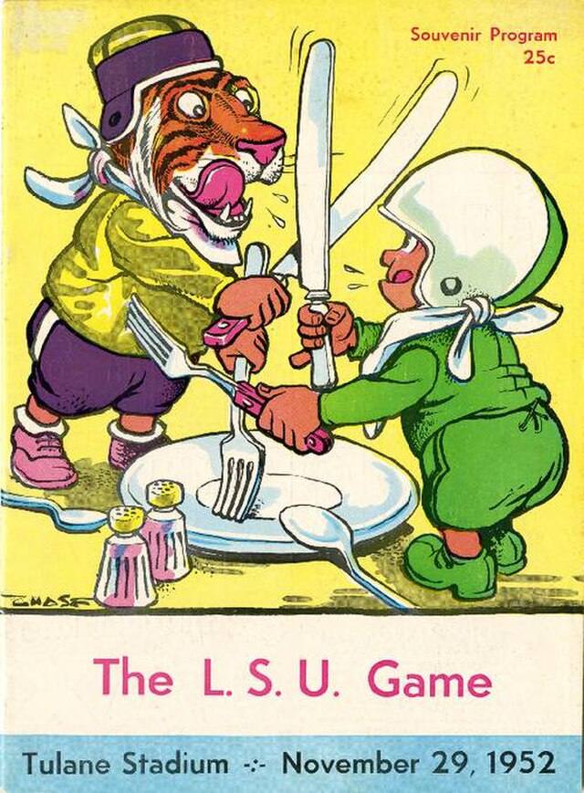 Color cartoonish image of a tiger (LSU) and a football player in green (Tulane) having a sword fight.