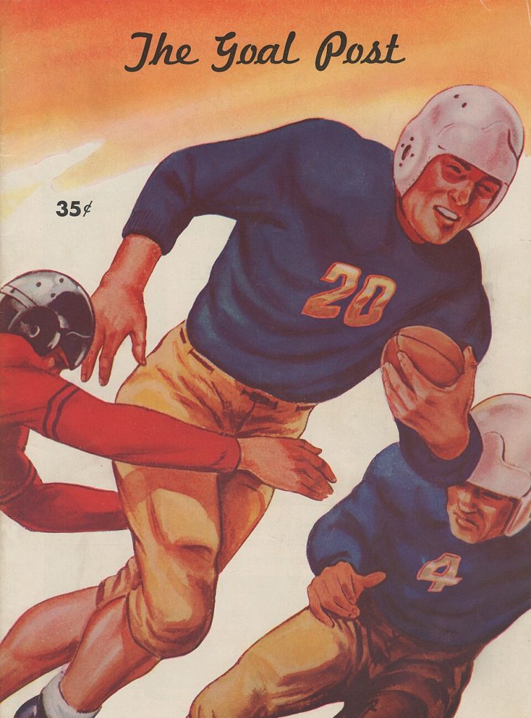 Vintage 1948 UCLA vs. Oregon State College (OSC) football program cover titled 'The Goal Post.' Features a stylized illustration of UCLA players in blue and gold woolen jerseys and white leather helmets. Dated October 23, 1948, for the Los Angeles Memorial Coliseum matchup. A primary source for West Coast college football history and Pigskin Dispatch archives.