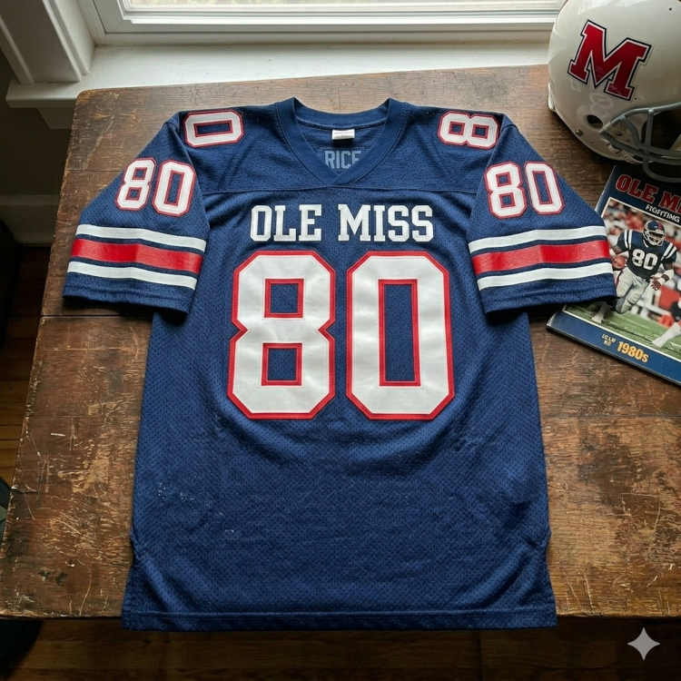Modern-era navy Ole Miss #80 jersey display with a vintage 1980s game program and a classic 'M' logo Rebels helmet.