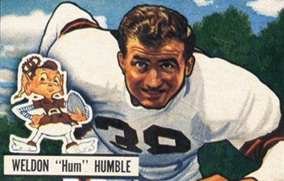 Vintage 1951 Bowman Weldon 'Hum' Humble football card (#107). Colorized archival image of Cleveland Browns guard Weldon Humble (#39) in a blocking stance. Features the classic 'Brownie the Elf' logo. A primary source for Paul Brown era research and Pigskin Dispatch archives.