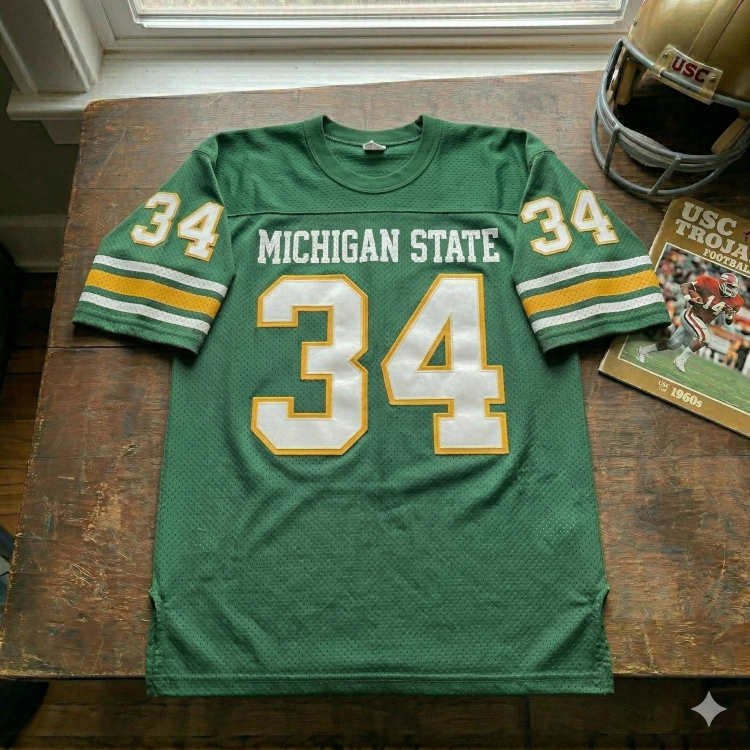 Vintage Michigan State Spartans #34 football jersey. Forest green mesh with gold-outlined white block numbers, set alongside a 1960s USC game program and gold helmet for historical Big Ten sports research and Pigskin Dispatch archives.