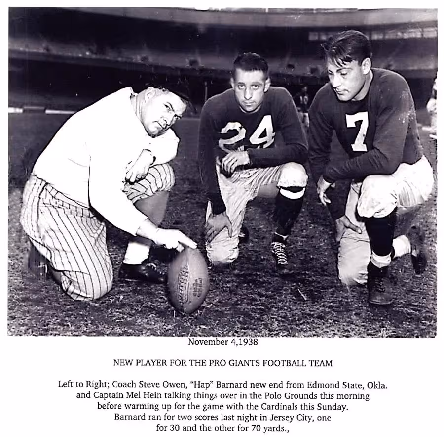 Vintage 1938 action photo of an NFL game between the New York Giants and Pittsburgh Pirates (later the Steelers). Features Pirates runner breaking a tackle against Giants defender #78. A primary source for historical Western Pennsylvania football, early NFL championships, and leather helmet era research for Pigskin Dispatch archives.