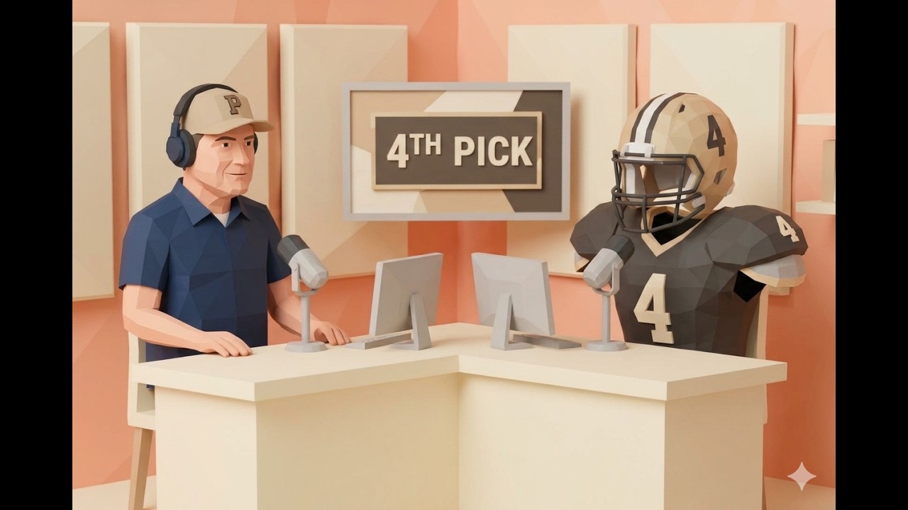 NFL Draft 4th Pick Legends thumbnail for Pigskin Dispatch. Stylized animated host in a 'P' logo hat discussing historical 4th overall picks with an armored football figure. Professional media design for historical NFL draft analysis and Pittsburgh Steelers research.