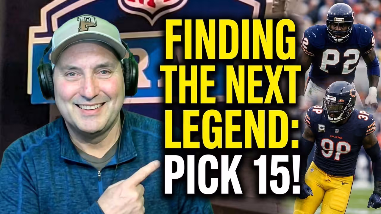 The graphic features a host in a tan Purdue Boilermakers cap and professional headphones, smiling and pointing toward the central hook: "FINDING THE NEXT LEGEND: PICK 15!" The right side of the frame features two prominent Chicago Bears players: defensive tackle Alan Page in his classic #82 jersey and linebacker Khalil Mack in his modern #52 navy and orange kit.