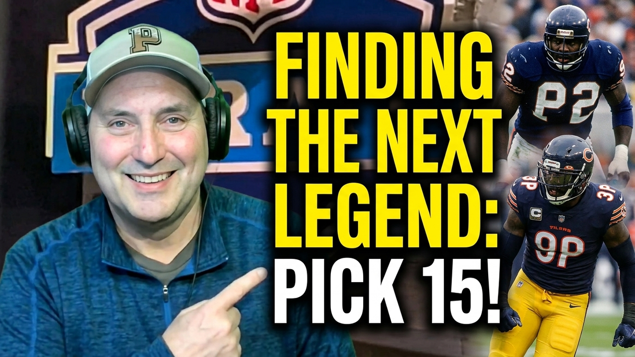 The graphic features a host in a tan Purdue Boilermakers cap and professional headphones, smiling and pointing toward the central hook: "FINDING THE NEXT LEGEND: PICK 15!" The right side of the frame features two prominent Chicago Bears players: defensive tackle Alan Page in his classic #82 jersey and linebacker Khalil Mack in his modern #52 navy and orange kit.