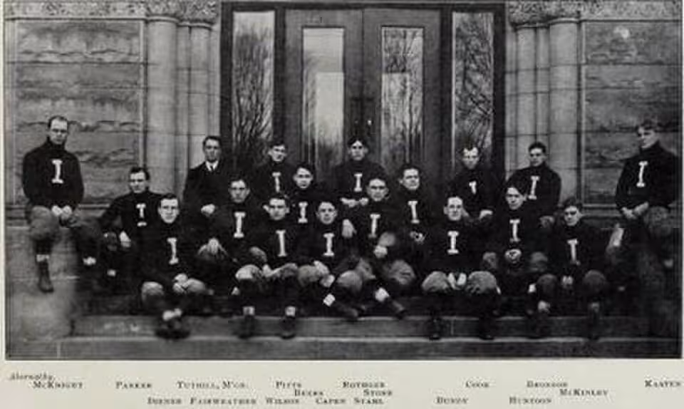 Vintage black and white team photo of This historic photograph is of the 1902 Illinois Fighting Illini football team.