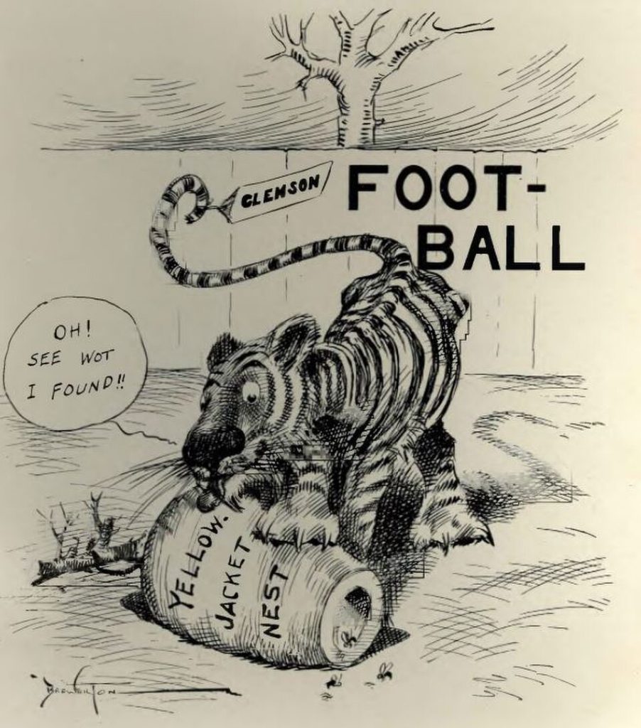 Newspaper hand sketch of a tiger biting a bee hive for A cartoon published in the 1908 Blue Print (the yearbook of the Georgia School of Technology) featuring the Clemson Tigers and the Georgia Tech Yellow Jackets