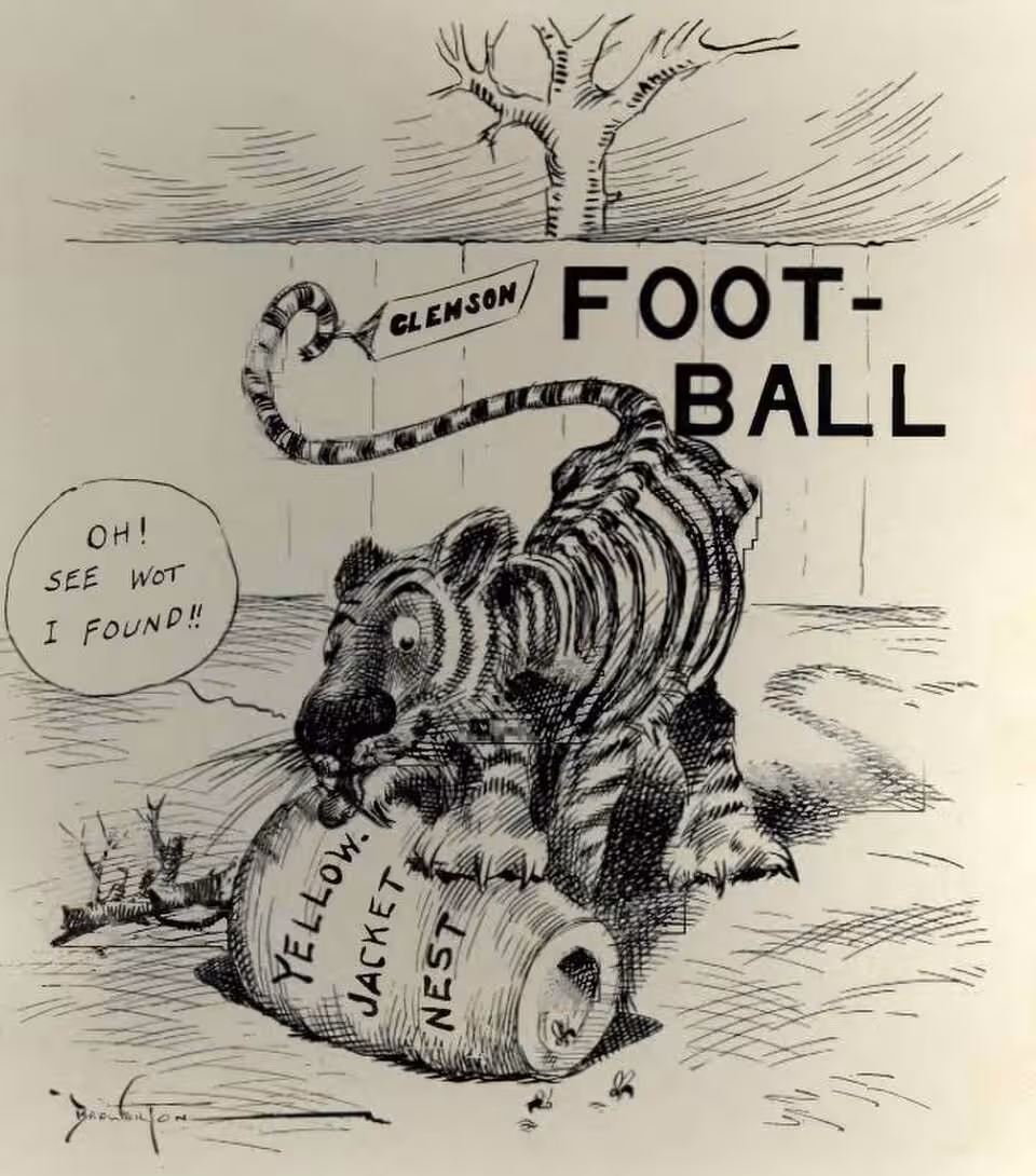 Newspaper hand sketch of a tiger biting a bee hive for A cartoon published in the 1908 Blue Print (the yearbook of the Georgia School of Technology) featuring the Clemson Tigers and the Georgia Tech Yellow Jackets