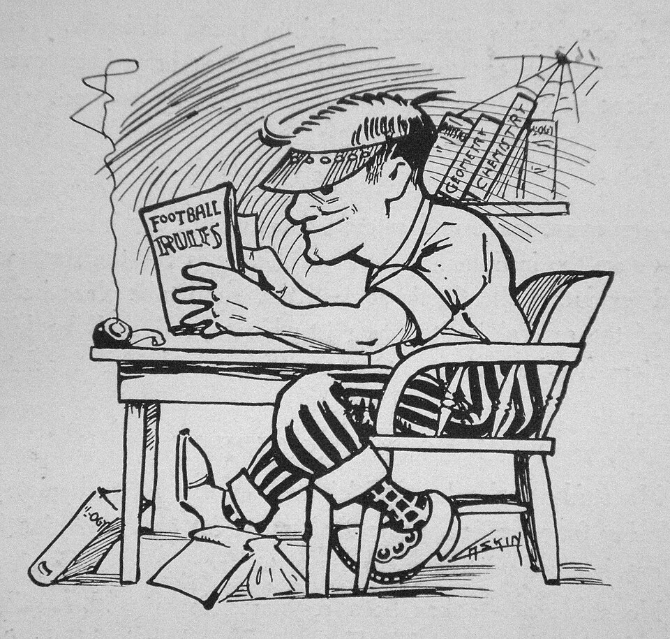 Vintage black and white hand sketch of "Football". Image from "football" section of 1909 Tyee (yearbook of the University of Washington). Shows a student ignoring his textbooks and looking at a football rulebook. Student is wearing an eyeshade (like a cap brim with just a band instead of the cap).
