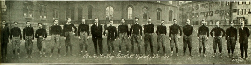 Vintage black and white panoramic photo of The 1911 Boston College football team was an American football team that represented Boston College as an independent during the 1911 college football season. Led by first-year head coach Joseph Courtney, the team compiled a record of 0–7.