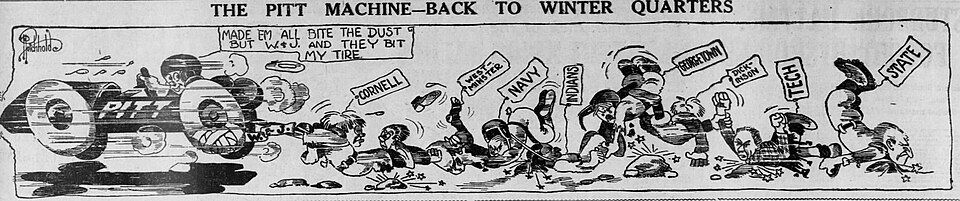 Vintage 1914 sports cartoon by Ralph Reichhold titled 'The Pitt Machine—Back to Winter Quarters.' Illustrates an open-wheel racing car labeled 'PITT' speeding to the left, leaving a long trail of defeated football opponents on the ground labeled Cornell, Westminster, Navy, Indians, Georgetown, Dickinson, Tech, and State, with a speech bubble referencing W&J. A primary source for 1914 Western Pennsylvania college football history and Pigskin Dispatch archives.
