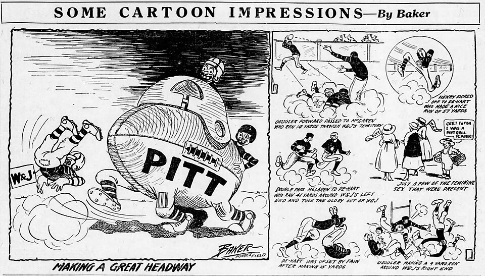 Vintage 1916 sports cartoon recap by Baker titled 'Some Cartoon Impressions' detailing the Pittsburgh Panthers vs. Washington & Jefferson football game at Forbes Field. Main panel shows a massive anthropomorphic football labeled 'PITT' trampling a W&J player, alongside smaller comic vignettes illustrating key game plays by Gougler, McLaren, and DeHart. A primary source for 1916 national championship college football history and Pigskin Dispatch archives.