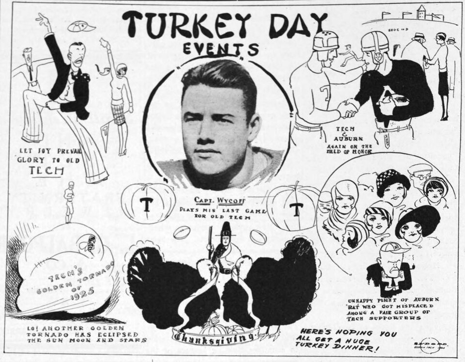 Black and white newspapers art of A cartoon published in the Technique prior to the 1925 football game between the Auburn Tigers and the Georgia Tech Golden Tornado