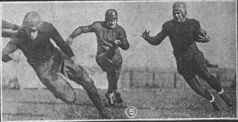 Vintage black and white newspaper photo of Unknown Georgia Tech football players participating in an unknown game in 1925.
