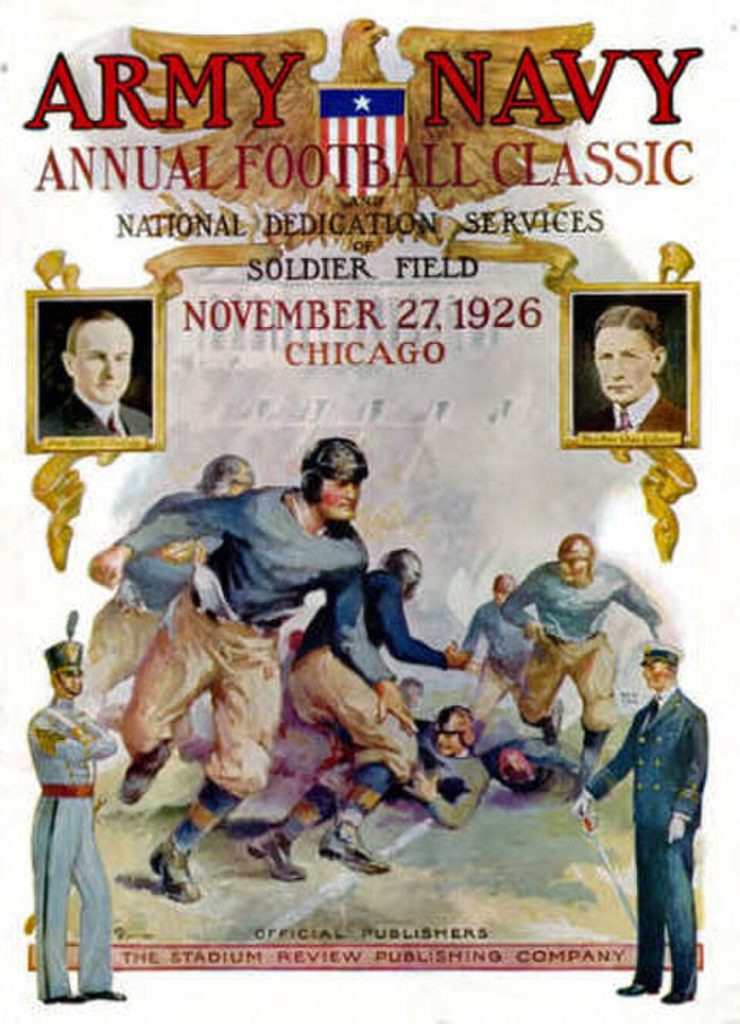 Vintage November 27, 1926, Army-Navy Game program cover for the National Dedication of Soldier Field in Chicago. Features portraits of Calvin Coolidge and Curtis Wilbur with a stylized illustration of cadets and midshipmen in action. A primary source for 1920s national championship research and Pigskin Dispatch archives.