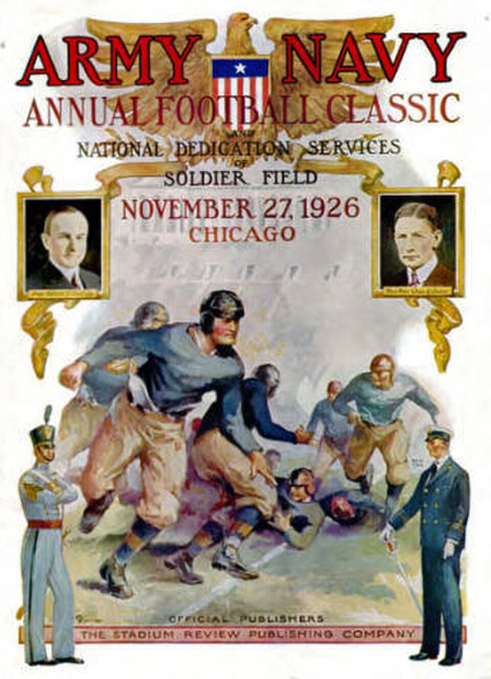 Vintage November 27, 1926, Army-Navy Game program cover for the National Dedication of Soldier Field in Chicago. Features portraits of Calvin Coolidge and Curtis Wilbur with a stylized illustration of cadets and midshipmen in action. A primary source for 1920s national championship research and Pigskin Dispatch archives.