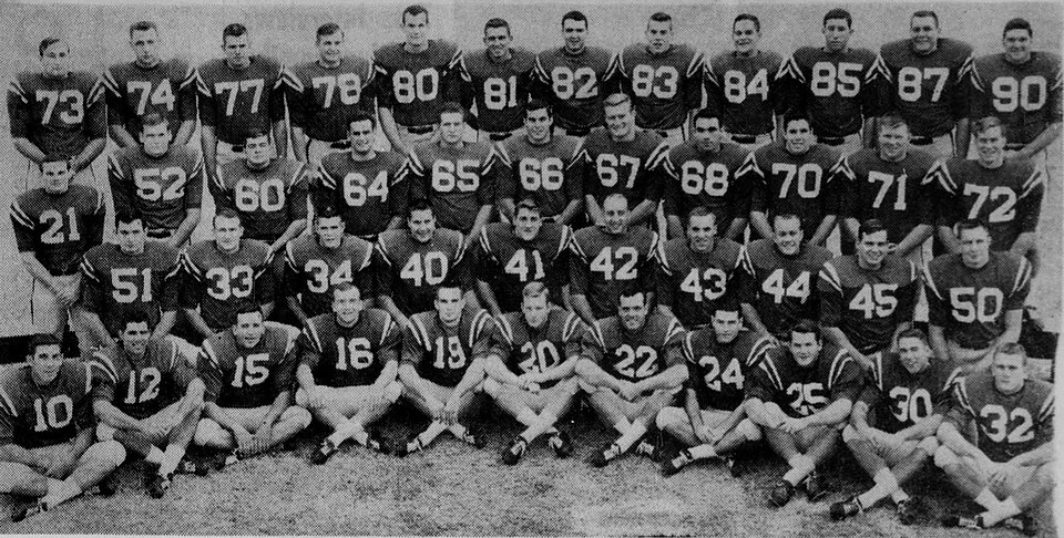 Vintage black and white team photo of 1963 Ole Miss Rebels football team group photo.