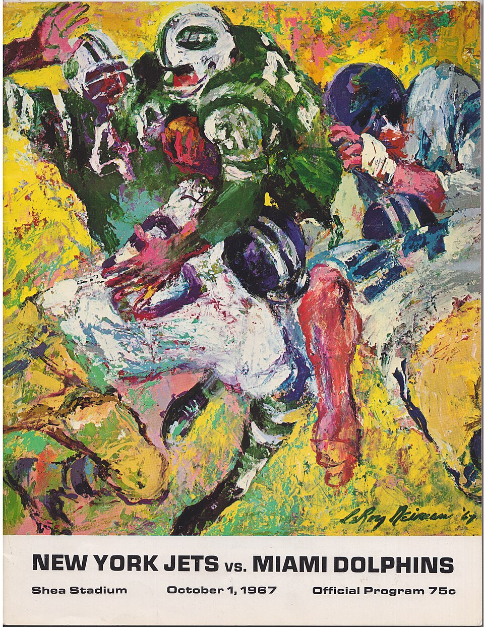 Full color water color abract art of Cover by Leroy Nieman of the game program for the Miami Dolphins-New York Jets game, October 1, 1967 (home opener_ Cover by Leroy Neiman. Published by New York Jets.