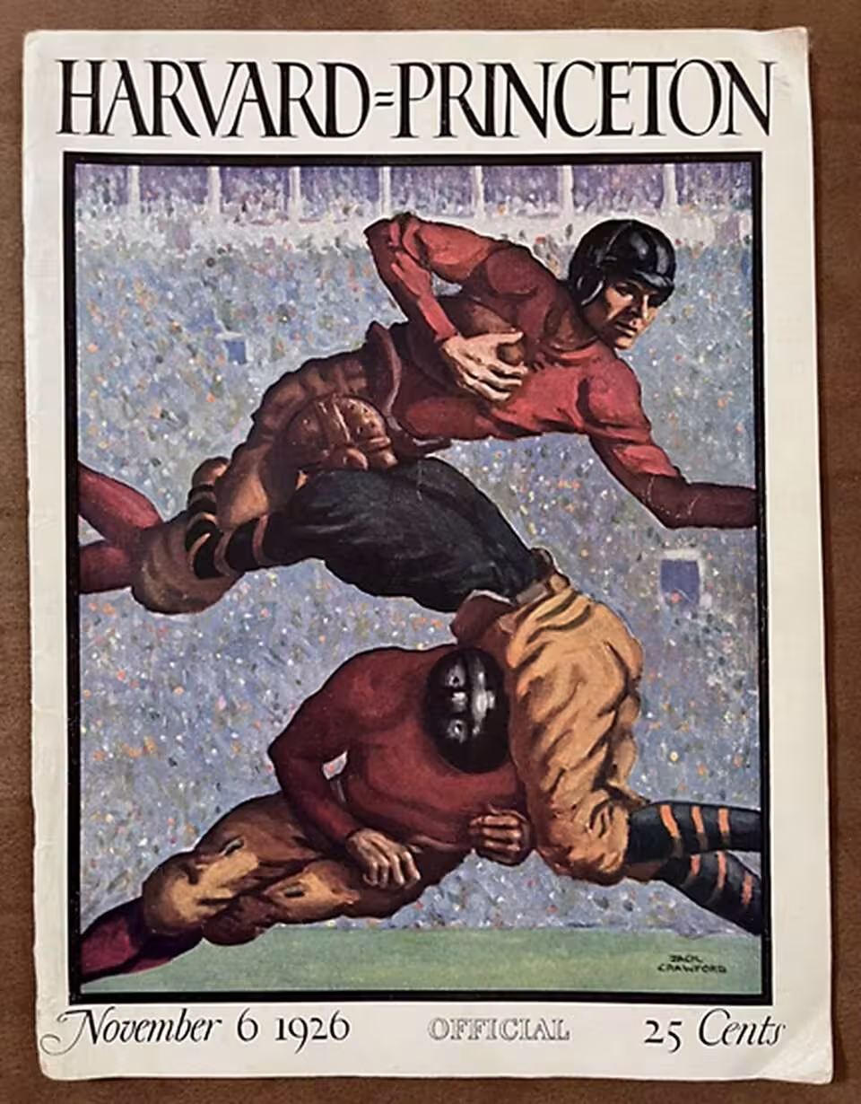 Vintage water color drawing of football action for the 1926 Harvard-Princeton-program
