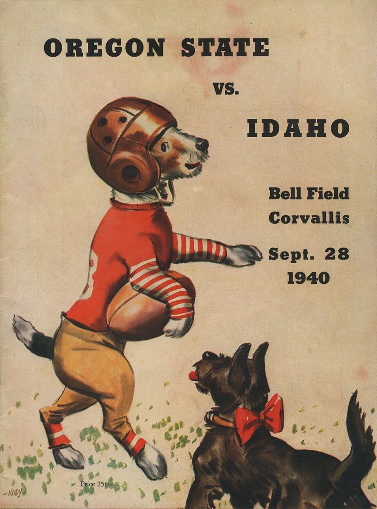 Vintage September 28, 1940 Oregon State vs. Idaho football program cover for the game at Bell Field in Corvallis. Features a whimsical illustration by Nady depicting a dog mascot in an orange football jersey and leather helmet carrying a football next to a terrier. A primary source for 1940 Pacific Coast Conference history, Idaho Vandals research, and Pigskin Dispatch archives.