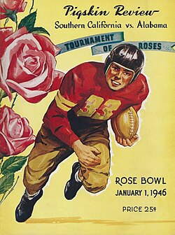 Vintage January 1, 1946 Rose Bowl official program cover featuring Southern California vs. Alabama. Illustration shows a football player running with a leather helmet alongside large pink roses on a yellow background. A primary source for 1945 National Championship research, Harry Gilmer, and Pigskin Dispatch archives.