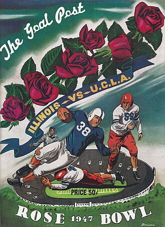 Vintage January 1, 1947 Rose Bowl official program cover titled The Goal Post for the Illinois vs. UCLA football game. Brewster illustration depicts players in leather helmets and block number jerseys #38 and #59 playing on top of a model Rose Bowl stadium beneath large red roses. A primary source for Big Ten history, Buddy Young research, and Pigskin Dispatch archives.