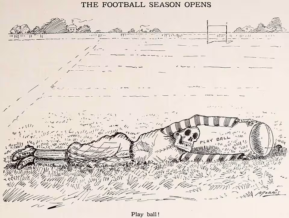 Editorial cartoon by William C. Morris. Many in 1906 thought football would soon die out due public outcry over its violence and injuries.