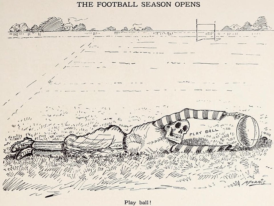 Editorial cartoon by William C. Morris. Many in 1906 thought football would soon die out due public outcry over its violence and injuries.
