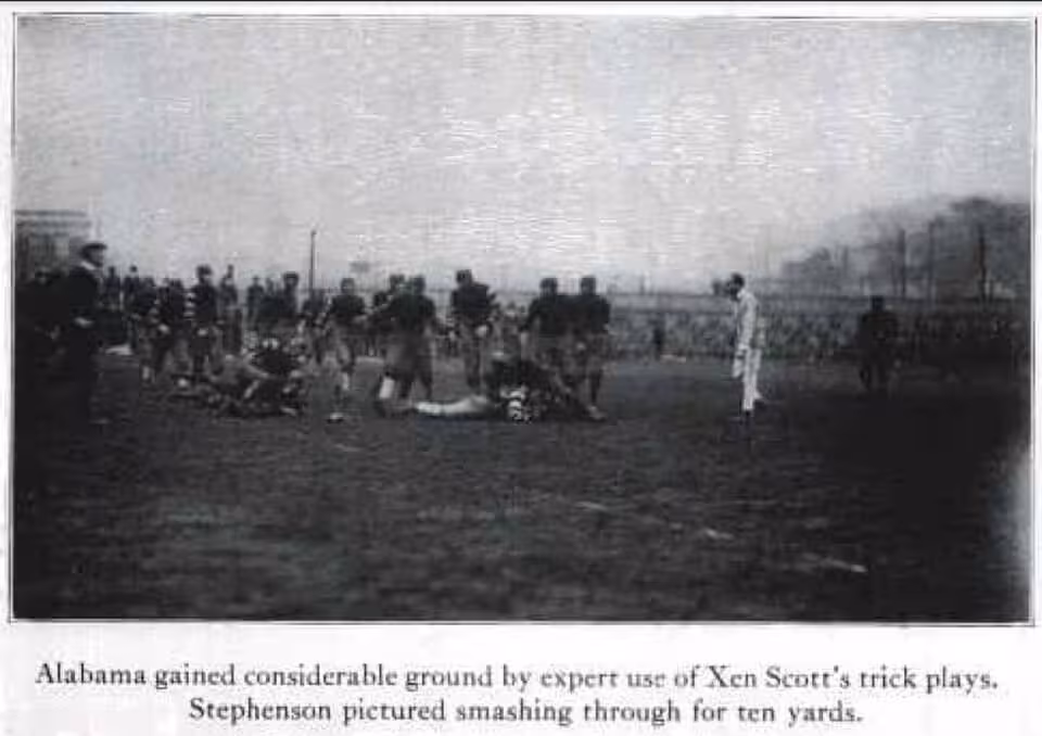 Vintage black and white game action photo of Riggs Stephenson of the Alabama Crimson Tide gains 10 yards against Case School of Applied Science, now known as Case Western Reserve University. Game held was played at Van Horne Field in University Circle, Cleveland, November 27, 1920.
