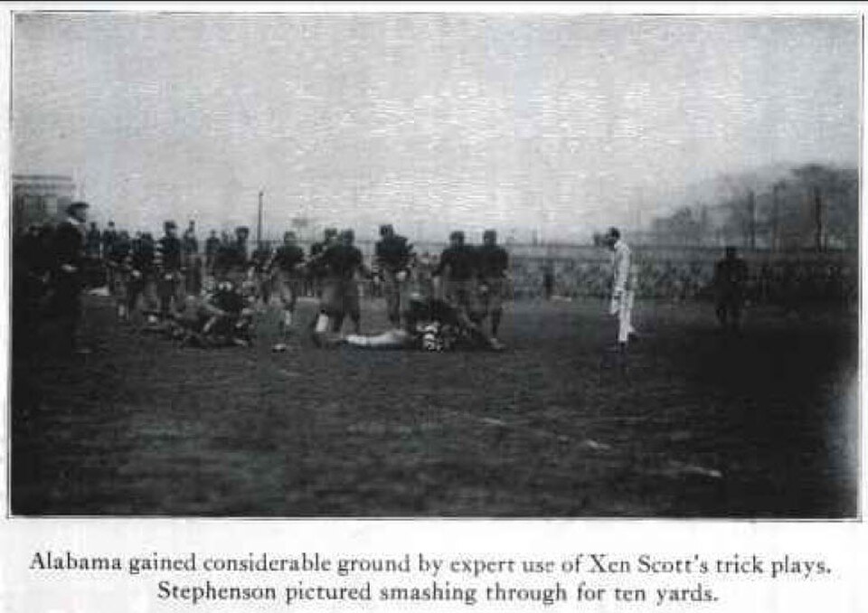 Vintage black and white game action photo of Riggs Stephenson of the Alabama Crimson Tide gains 10 yards against Case School of Applied Science, now known as Case Western Reserve University. Game held was played at Van Horne Field in University Circle, Cleveland, November 27, 1920.