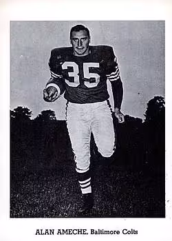 Vintage black and white trading card image of Baltimore Colts jersey 35, A promotional image of Baltimore Colts player Alan Ameche. Jay Publishing - https://www.tradingcarddb.com/ViewSet.cfm/sid/96434/1960-Jay-Publishing-Baltimore-Colts
