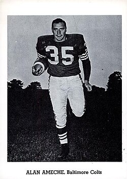 Vintage black and white trading card image of Baltimore Colts jersey 35, A promotional image of Baltimore Colts player Alan Ameche. Jay Publishing - https://www.tradingcarddb.com/ViewSet.cfm/sid/96434/1960-Jay-Publishing-Baltimore-Colts