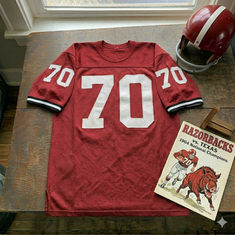 Vintage Arkansas Razorbacks #70 football jersey. Cardinal red mesh with white block numbers and triple-striped sleeves. Features a 1964 Arkansas vs. Texas National Champions game program and a cardinal helmet with a white stripe for historical SEC research and Pigskin Dispatch archives.