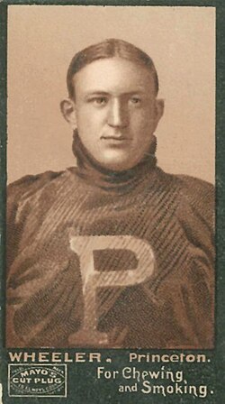 Vintage black and white card stock Mayo's Cut Plug football card of Art Wheeler, issued 1894