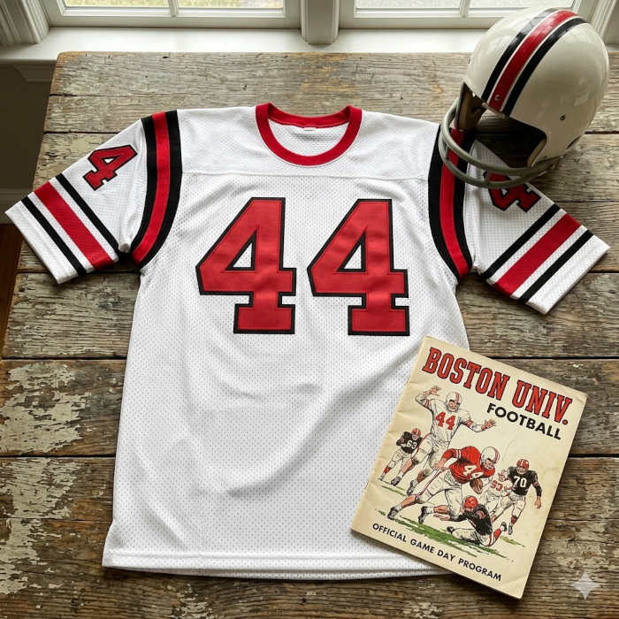 Color image of a 1960s era Boston University football jersey 44, without a name on it, and matching helmet. The program cover should say Boston Univ