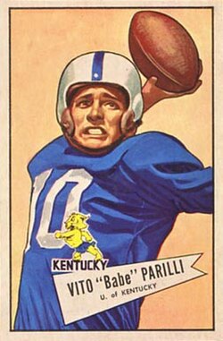 Vintage 1952 Bowman Large Vito 'Babe' Parilli football card (#1). Hand-painted archival image of University of Kentucky quarterback Babe Parilli in a blue jersey with a vintage Wildcat logo. A primary source for Bear Bryant era history and Pigskin Dispatch archives.