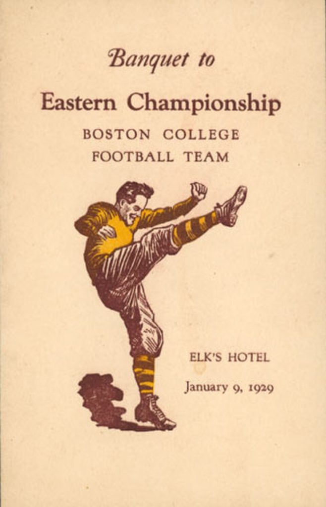 A vintage hand drawing invitation to a banquet with a brown and orange football player posed after kicking a ball.