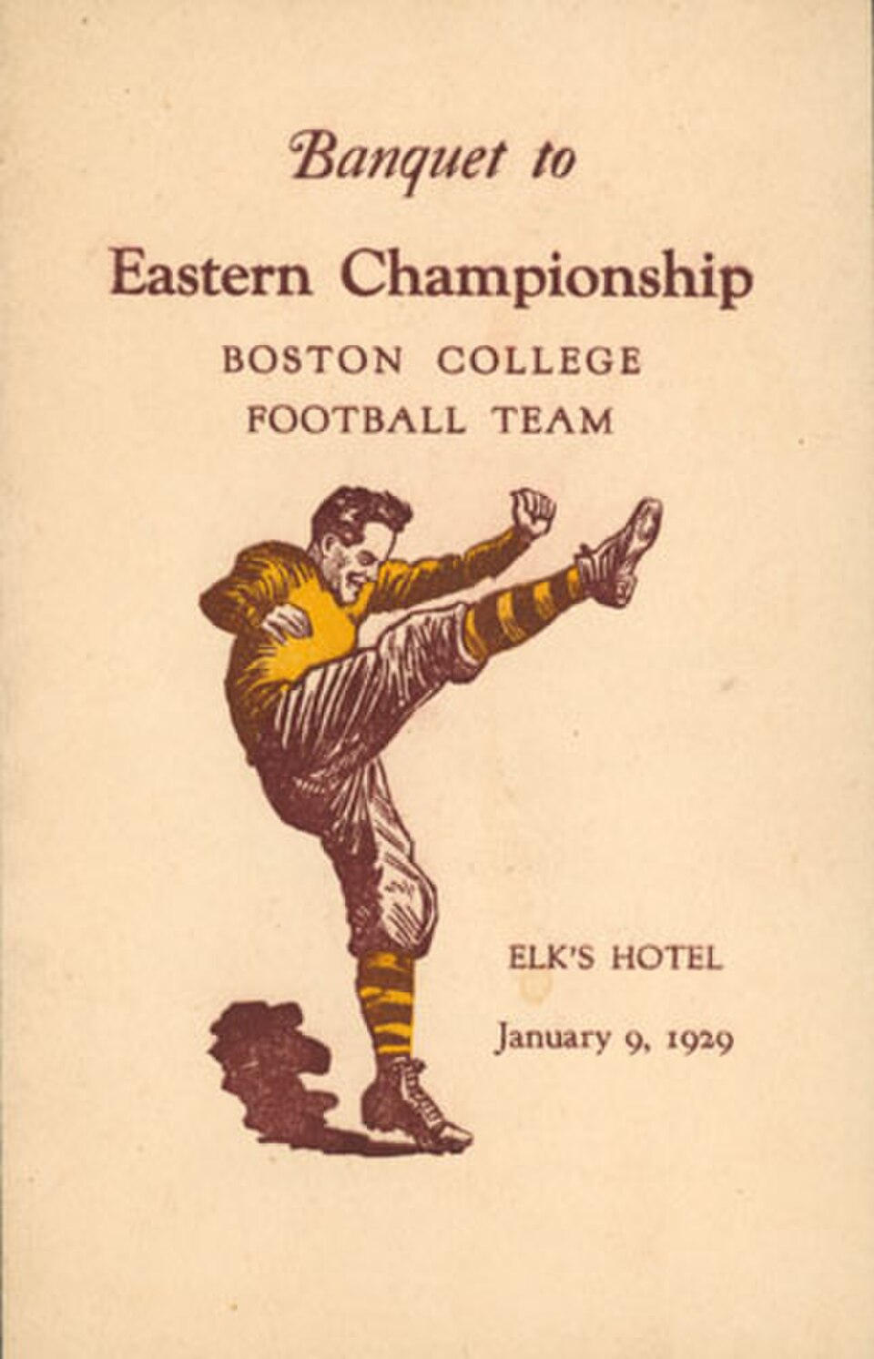 A vintage hand drawing invitation to a banquet with a brown and orange football player posed after kicking a ball.