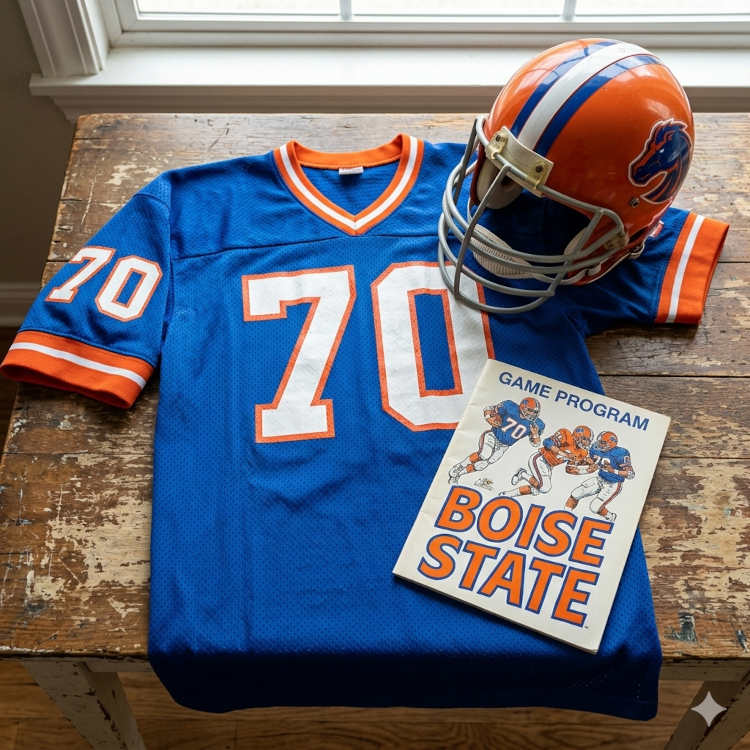 image of a 1980s era Boise State football jersey 70, without a name on it, and matching helmet. The program cover should say Boise State.