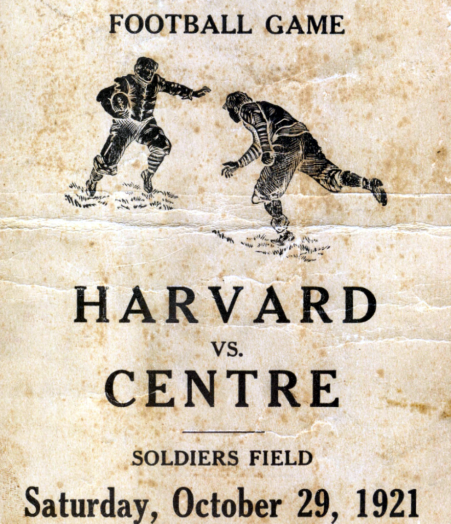 vintage, tattered and yellowed black and white image of The cover of the official game program for the Centre vs. Harvard contest of October 29, 1921