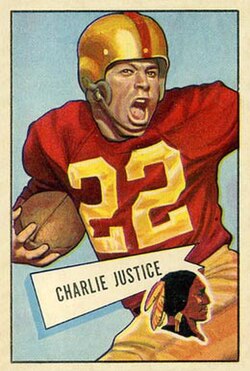 Vintage 1952 Bowman Large Charlie Justice football card (#48). Hand-painted archival image of Washington Redskins halfback 'Choo Choo' Justice in a red jersey with yellow #22 and a gold helmet. A primary source for 1950s NFL history and Pigskin Dispatch archives.