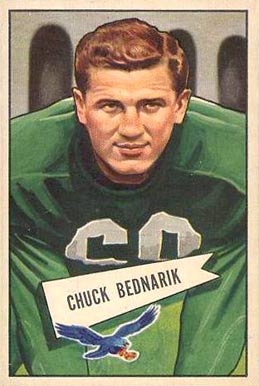 Color football card of Chuck Bednarik in his kelly green Eagles unicorm.